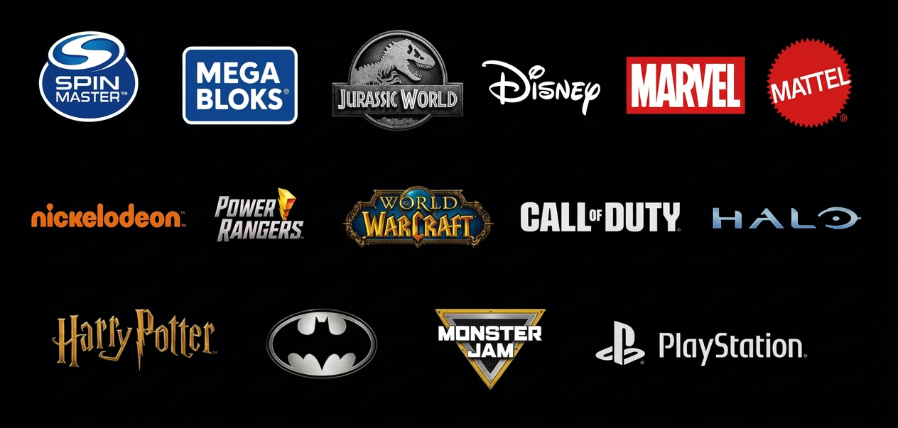Client logos including Spin Master, Mega Bloks, Jurassic World, Disney, Marvel, Mattel, Nickelodeon, Power Rangers, World of Warcraft, Call of Duty, Halo, Harry Potter, Batman, Monster Jam, and PlayStation